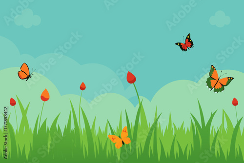 A simple cartoon of a grassy meadow with butterflies vector illustration