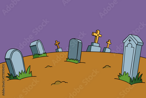 A cartoon illustration of a graveyard with crooked tombstones vector illustration
