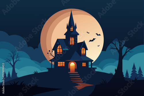 A cartoon illustration of a Halloween night with a haunted house vector illustration