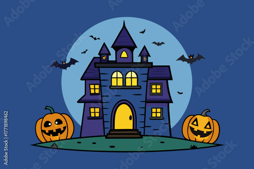 A spooky cartoon scene of a Halloween night with a haunted house vector illustration