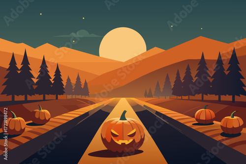A cartoon illustration of a Halloween pumpkin field vector illustration