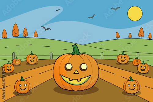 A spooky cartoon scene of a Halloween pumpkin field vector illustration