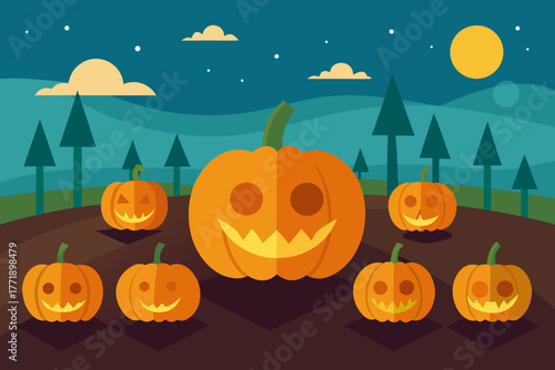A simple cartoon of a Halloween pumpkin field vector illustration