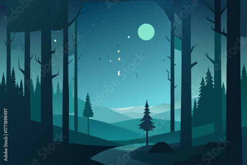 A simple cartoon of a haunted forest with mist and glowing orbs vector illustration