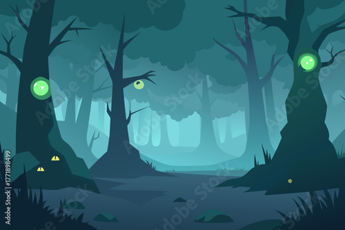 A cartoon illustration of a haunted forest with mist and glowing orbs vector illustration
