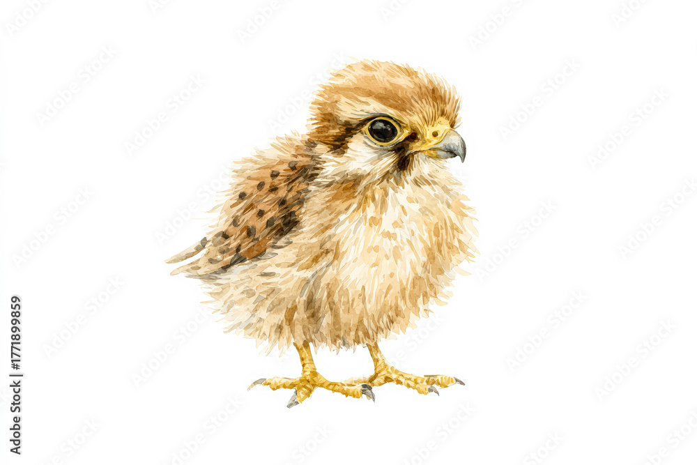 Naklejka premium Cute watercolor illustration of a small bird chick with fluffy feathers and bright eyes