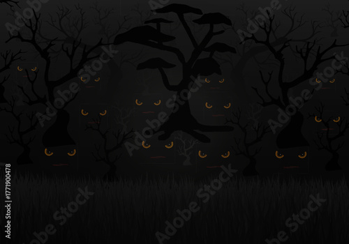 Scary eyes in a dark forest, vector art illustration of Halloween.