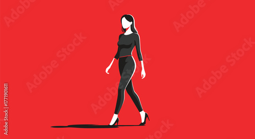 Confident woman strides forward with purpose against a bold red background
