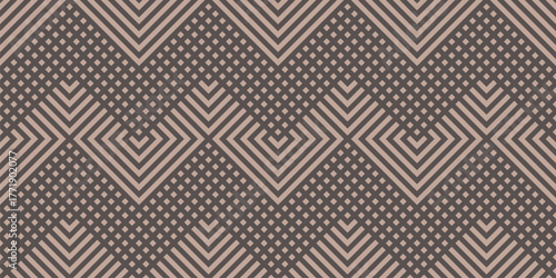Vector geometric lines seamless pattern. Retro-inspired texture with stripes, squares, chevron, arrows, lines. Abstract background in brown tones. Stylish geometrical ornament. Repeating geo design