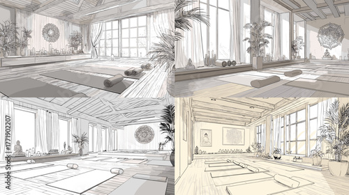 Hand-drawn yoga studio interior with mats, large windows, and natural light. Perfect for wellness, mindfulness, architecture, and relaxation design projects.
