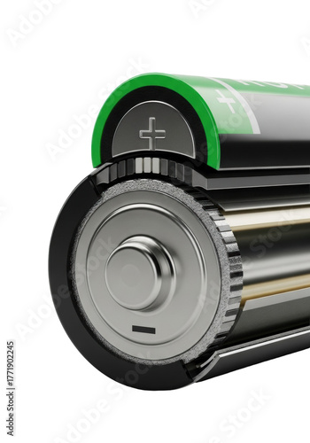 Extreme macro of a cylindrical AA battery cut in half, revealing matte black casing, green top, gleaming terminals, dry internal components, isolated on transparent, concept of technological precision