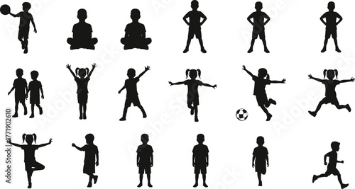 Children silhouette poses, playing running jumping sitting actions, childhood activity reference, sports and movement study, flat vector, cad drawing illustration