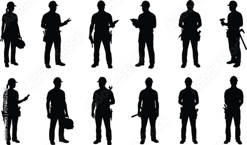 Construction worker silhouettes, black icon set, tool belt figures, hard hat poses, cad drawing, flat vector illustration, labor graphic symbol