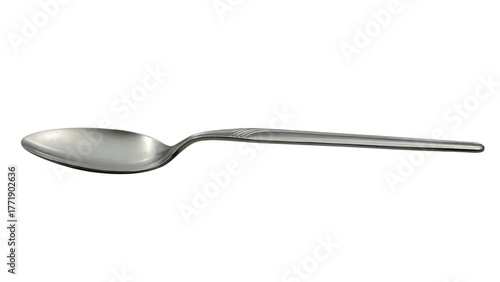 Fotografija Photo of a sleek stainless steel tablespoon with polished finish and curved handle, isolated on white background