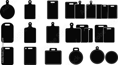 cutting board silhouette, kitchen tools, board shapes, handle styles, cooking accessory, food prep, vector art, cad drawing flat vector illustration