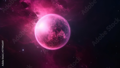 Enchanting pink planet glows amidst swirling cosmic nebula and distant stars, a breathtaking celestial wonder inspiring awe and exploration