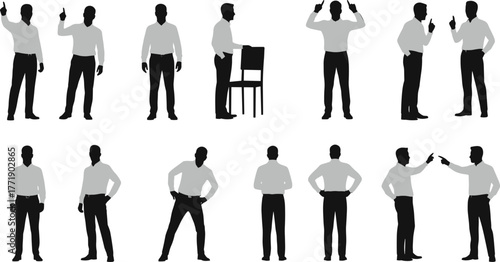 Male silhouette gestures, standing and interacting poses, body language reference, communication and posture study, flat vector, cad drawing illustration