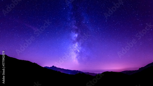 Stunning Milky Way galaxy illuminates a vast starry night sky above silhouetted mountain ranges, evoking wonder and cosmic beauty for your projects.