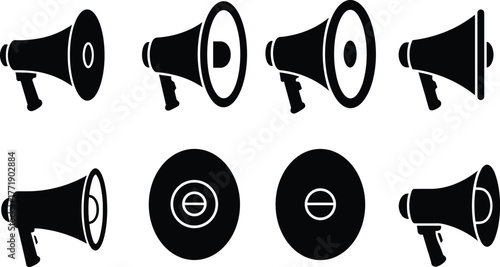 Megaphone icon set, alarm symbol collection, black and white communication signs, flat vector illustration, cad drawing, alert graphics