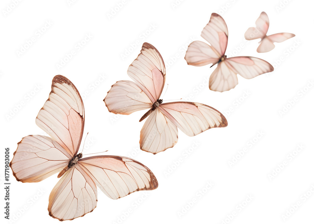 Obraz premium A group of delicate, pale pink butterflies in flight, isolated on a transparent background