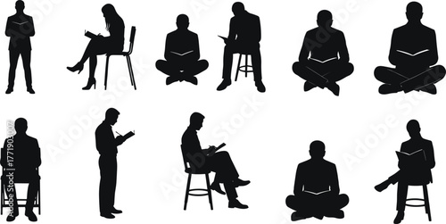 Reading silhouette poses, seated and standing figures with books, concentration and learning gesture reference, flat vector, cad drawing illustration