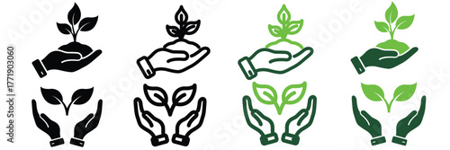 Outline eco icons showing hands protecting nature and planet — perfect for environmental and organic projects.