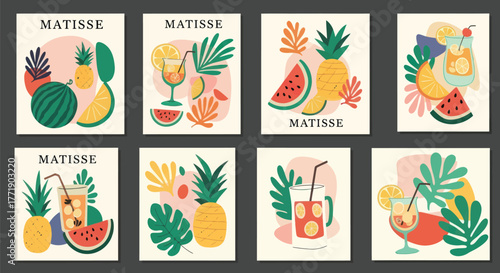 Vibrant tropical summer fruit and drinks art print set for modern home decor with exotic flair