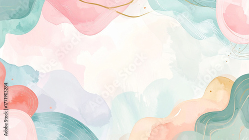 Soft pastel abstract organic shapes with delicate gold accents create a serene and elegant modern background perfect for creative projects