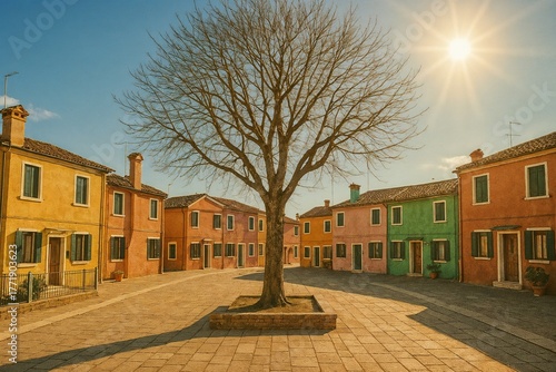 Colorful Italian Village Square with a Central Bare Tree Under a Bright Sun