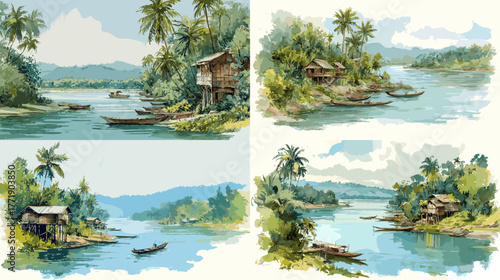 Tropical riverside watercolor landscape featuring huts, palm trees, and boats on calm water. Perfect for travel art, nature scenes, and summer illustration.