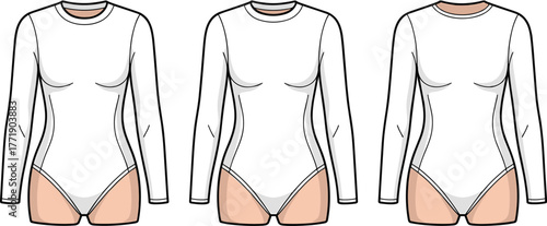 Women long sleeve bodysuit fashion flat sketch, round neck fitted leotard vector apparel design illustration