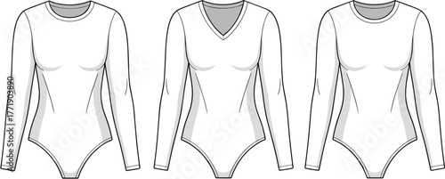 Women long sleeve bodysuit flat fashion sketch, V neck and crew neck vector illustration template