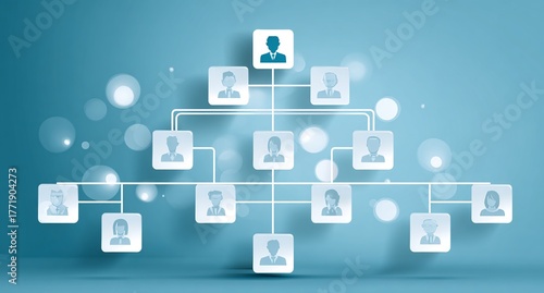 Conceptual Organizational Chart Showing Corporate Hierarchy and Team Structure with Connected User Avatars on a Light Blue Bokeh Background.