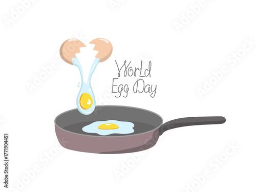 Cooking fried eggs, omelettes in frying pan. A cracked chicken egg. World Egg Day, handwritten inscription. Kitchen, cooking, recipe. Eggshells. Natural nutrition, prepared food.