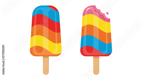 Colorful layered popsicles one bitten on wooden sticks illustration