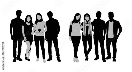 Group of people silhouetted against a white background casual attire visible