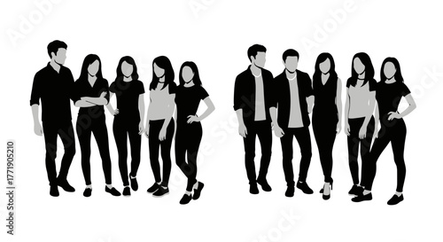 Group of young adults standing closely together outlined in black and white