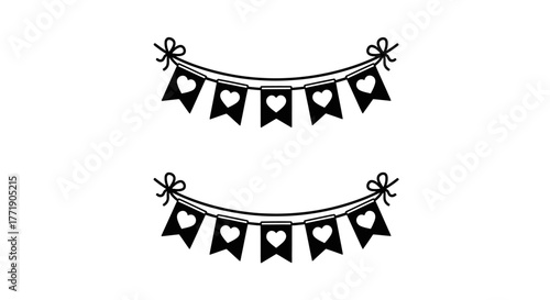 Simple black and white heart shaped bunting with decorative string elements