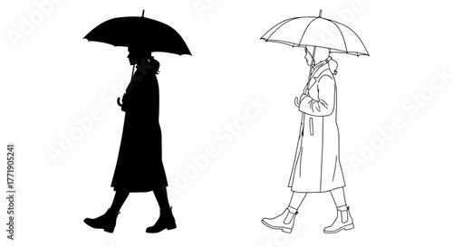 Woman with umbrella depicted in silhouette and line art styles