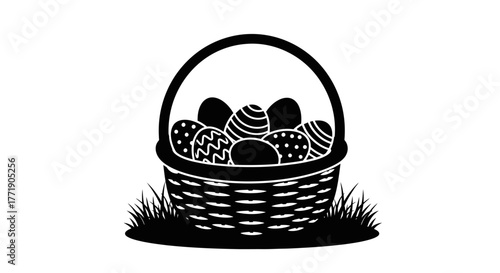 A black and white illustration of a woven basket filled with easter eggs