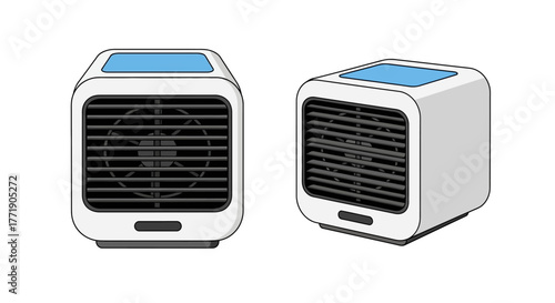 Two small portable air coolers shown in a simple illustration style