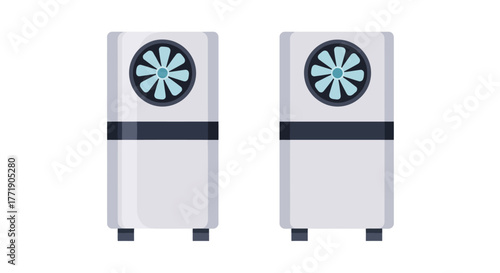 Two modern air purifiers with circular blue fan designs on white bodies