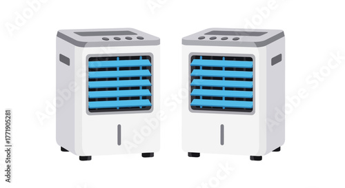 Two portable air coolers with blue cooling pads are displayed