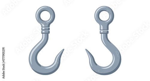 Two gray metal hooks with looped tops are displayed side by side