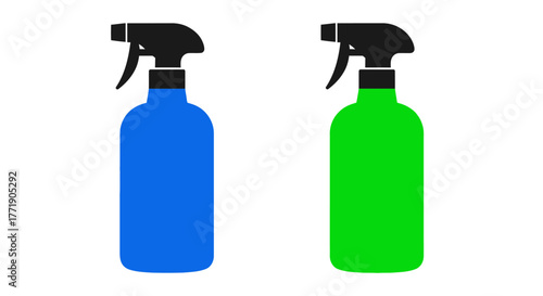 Two spray bottles one blue and one green isolated on white background