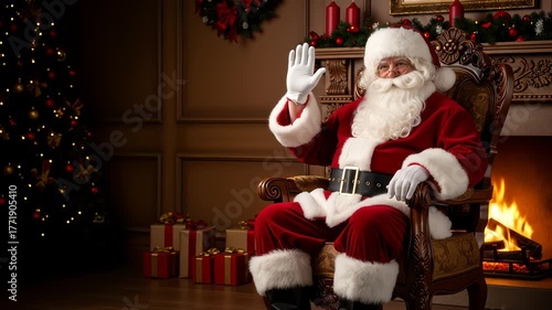 Santa Claus sitting in ornate armchair by fireplace with Christmas tree and gifts. Holiday celebration and festive tradition with copy space