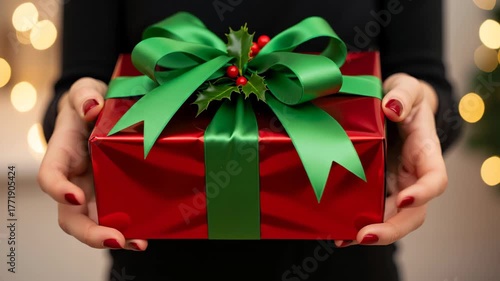 Woman holding red gift box with green ribbon and holly decoration in festive setting. Holiday season and celebration of special occasions