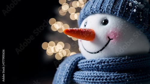 Close up snowman wearing blue hat and scarf with festive bokeh lights in background. Winter holiday celebration and festive season greeting with copy space