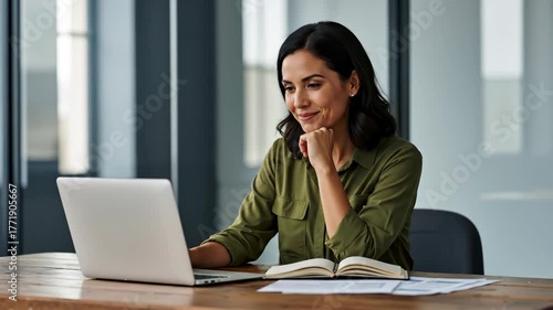 Woman with dark hair wearing olive green shirt smiling and working at laptop at office desk. Professional communication and modern work environment with copy space