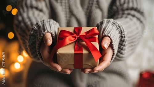 Woman's hands in grey knitted sweater holding gift box with red ribbon, warm blurred lights in background. Holiday season celebration and thoughtful gifting with copy space